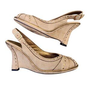 COLE HAAN Nikeair Suede Wedge Heels Tan Gold Accents Slingback Open Toe 6.5B